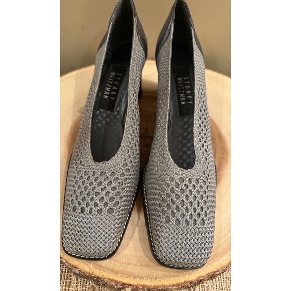 Stuart Weitzman Woven Mesh Point Block Heel Pumps Grey Silver Black Sz-8.5AA New - Picture 6 of 13
